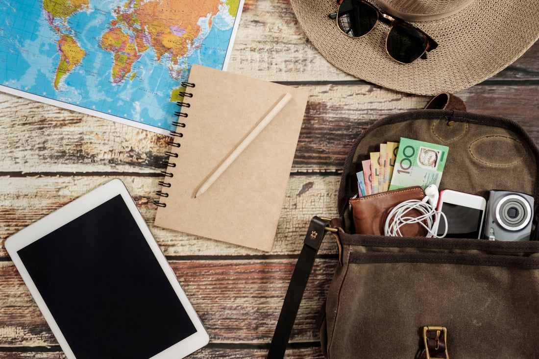 Items needed for travel: hat, sunglasses, tablet, map, money, camera.